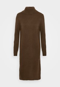 Robe marron en maille à col roulé avec manches longues, col et poignets côtelés, présentant une coupe droite et décontractée avec des fentes latérales à l'ourlet.