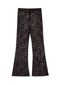 Zwarte flared broek versierd met zilveren pailletten, met een gestructureerde afwerking. Ontworpen met een hoge taille en een brede pijp-silhouet.