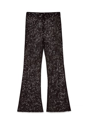 Black flared trousers adorned with silver sequins, featuring a textured finish. Designed with a high waist and a wide-leg silhouette.