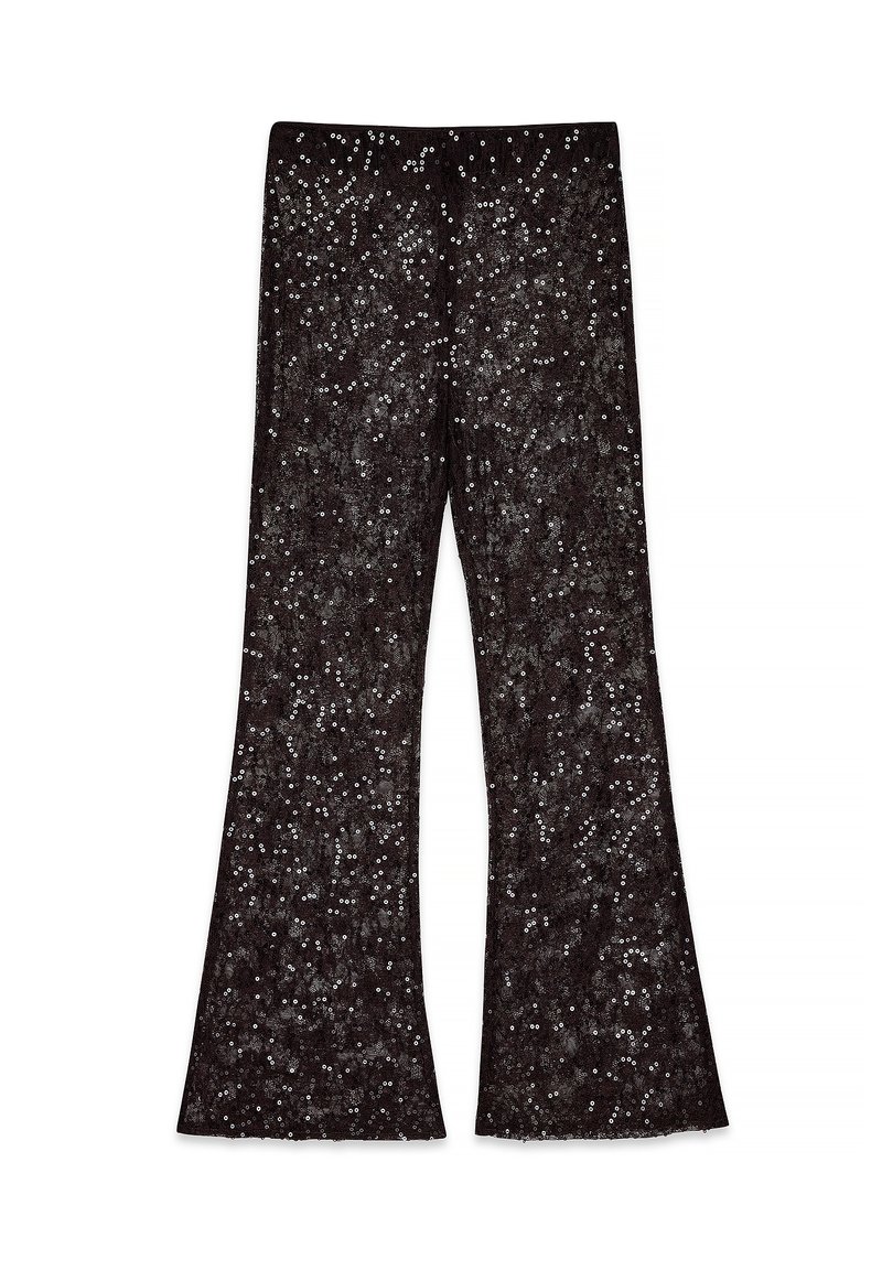 Zwarte flared broek versierd met zilveren pailletten, met een gestructureerde afwerking. Ontworpen met een hoge taille en een brede pijp-silhouet.