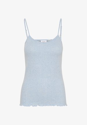 Light blue ribbed camisole top with thin straps and a scalloped hem. Made from a soft, stretchable fabric. Features vertical texture lines.