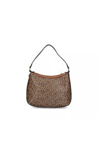 Borsa a spalla marrone con motivo a logo, dettagli in pelle liscia e forma arrotondata con una sola tracolla.