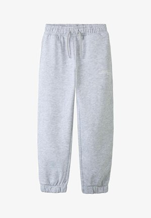 Pantalon de survêtement gris clair avec taille élastique, cordon de serrage, poignets élastiques et petit logo texte blanc sur la cuisse gauche.