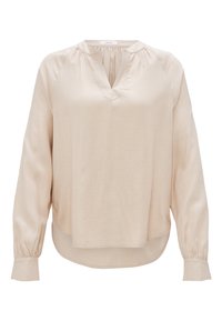 Blusa beige a maniche lunghe con scollatura a V, dettagli arricciati e orlo leggermente arcuato. Tessuto morbido con una consistenza liscia e polsini aderenti.