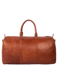 Braune Lederreisetasche mit glatter Oberfläche, runder Form, zwei oberen Traggriffen und goldfarbener Hardware. Reißverschluss oben.