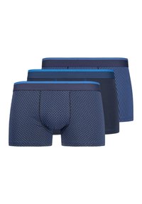Three pairs of navy blue boxer briefs, featuring a polka dot pattern, striped design, and solid color, with contrasting blue waistbands.
