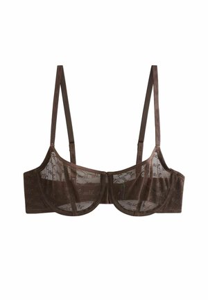 Brown mesh bra with underwire support, featuring sheer panels, adjustable straps, and a subtle branded pattern on the mesh.