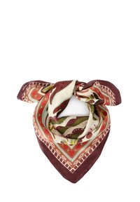 Zijde sjaal met een kleurrijk abstract patroon in tinten van crème, rood, groen en bruin. Driehoekige vorm met een strikdetail.