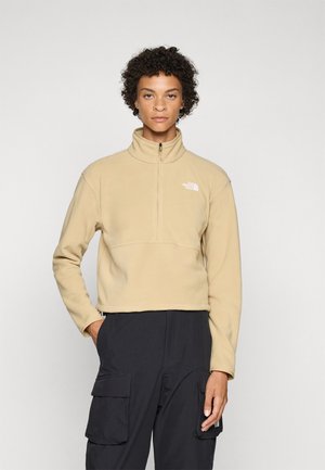 Beige fleece genser med høy krage, halvlukking med glidelås, og North Face-logo på venstre bryst. Matchet med mørke cargo-bukser.