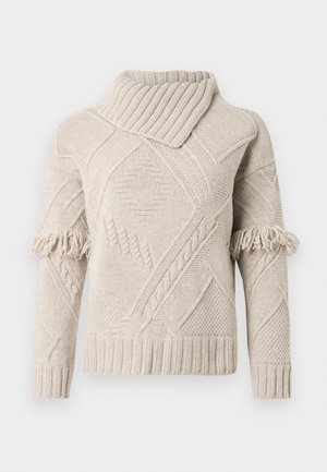 Beežist kootud kõrge kaelusega kampsun geomeetriliste mustrite, palmikdetailide ja franjadega ülaõlgadel.