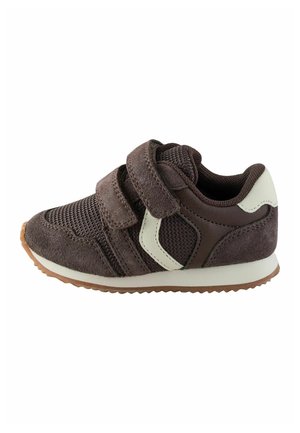 Brown toddler sneaker with two Velcro straps, mesh and suede upper, white heel patch, and brown rubber sole.
