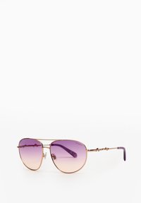 Aviator zonnebrillen met gradiënt paarse lenzen, gouden metalen montuur, dubbele brug en logodetail op de veren. Accentkleur op de uiteinden van de veren.