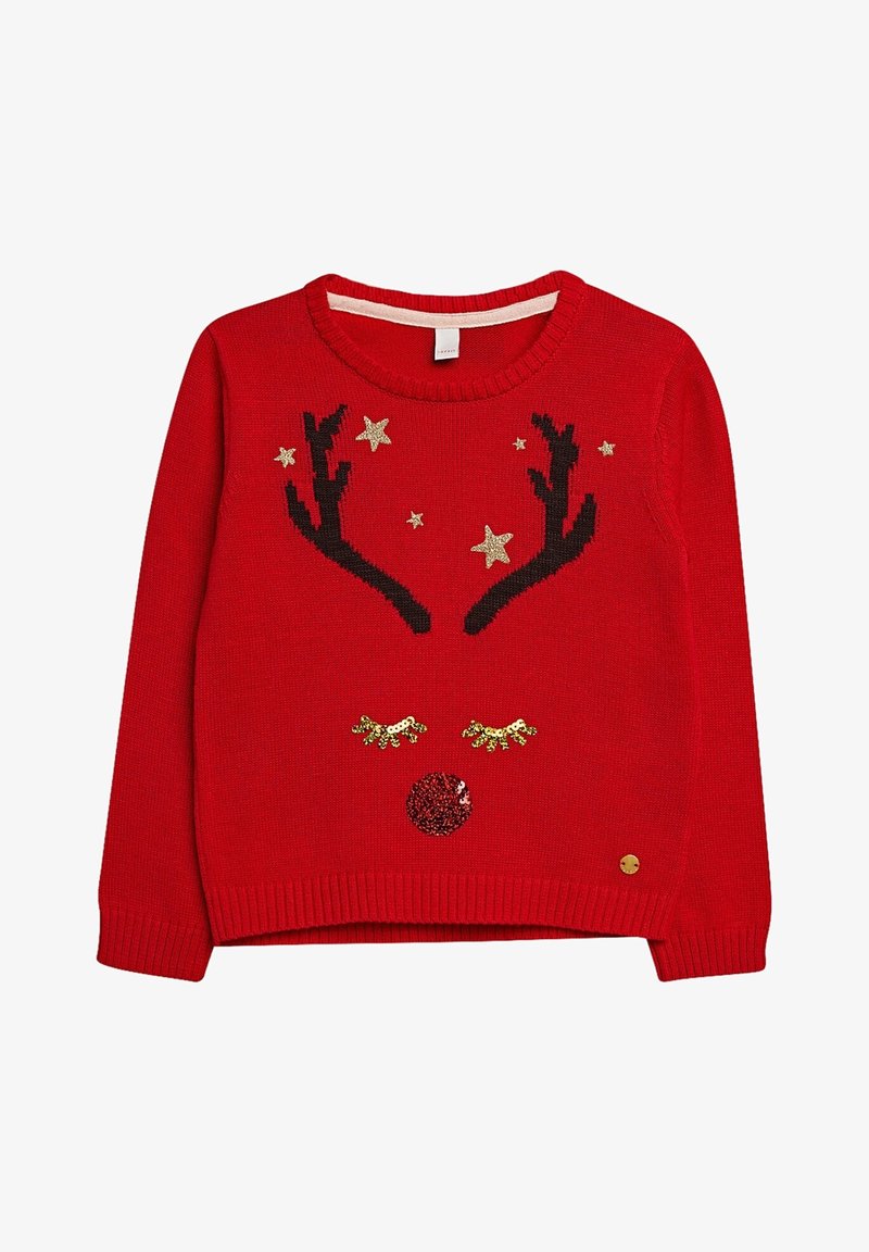 Pull rouge en tricot avec des bois noirs, des étoiles dorées, des cils en sequins dorés et un nez en sequins rouges représentant un visage de renne.
