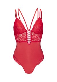 Red lingerie bodysuit featuring lace detailing, a plunging neckline, adjustable straps, and a cutout accent with decorative buttons.