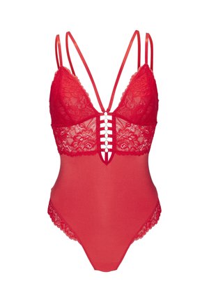 Roter Lingerie-Body mit Spitzenapplikationen, einem tiefen Ausschnitt, verstellbaren Trägern und einem Ausschnittakzent mit dekorativen Knöpfen.