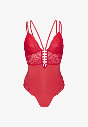 Roter Lingerie-Body mit Spitzenapplikationen, einem tiefen Ausschnitt, verstellbaren Trägern und einem Ausschnittakzent mit dekorativen Knöpfen.