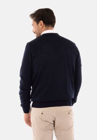 Maglione blu navy a maniche lunghe, con polsini e orlo a costine, in un leggero tessuto a maglia, indossato sopra una camicia bianca con colletto, abbinato a pantaloni beige.
