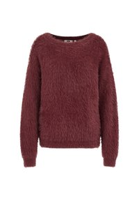 Bordeaux kleurige fuzzy trui met lange mouwen, ronde halslijn en een zachte, gestructureerde afwerking, met een ontspannen pasvorm en een pull-over stijl.