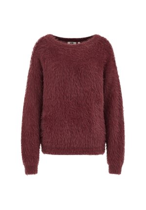 Bordeaux kleurige fuzzy trui met lange mouwen, ronde halslijn en een zachte, gestructureerde afwerking, met een ontspannen pasvorm en een pull-over stijl.