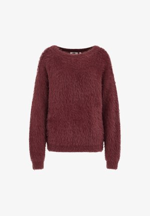 Maglione fuzzy bordeaux con maniche lunghe, scollo rotondo e finitura morbida e texture, caratterizzato da una vestibilità comoda e uno stile a pullover.