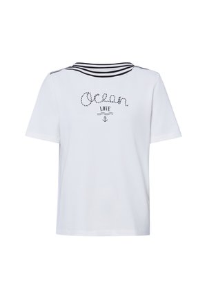 Weißes kurzärmeliges Hemd mit marineblauen Matrosenkragen-Streifen und dem Schriftzug „Ocean Love“ über einem kleinen Anker auf dem Rücken.