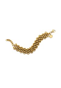 Pulsera de tono dorado con diseño de cadena entrelazada, con un cierre de langosta y un detalle de charm redondo. Superficie texturizada y suave.