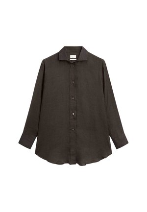 Długo rękawowa, ciemno brązowa koszula zapinana na guziki z kołnierzykiem, mankietami i lekko zaokrąglonym dołem.