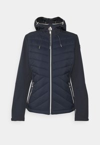 Giacca navy realizzata in tessuto imbottito, dotata di cappuccio, chiusura con zip, tasche laterali e texture a contrasto. Gli accessori comprendono dettagli in metallo argentato.