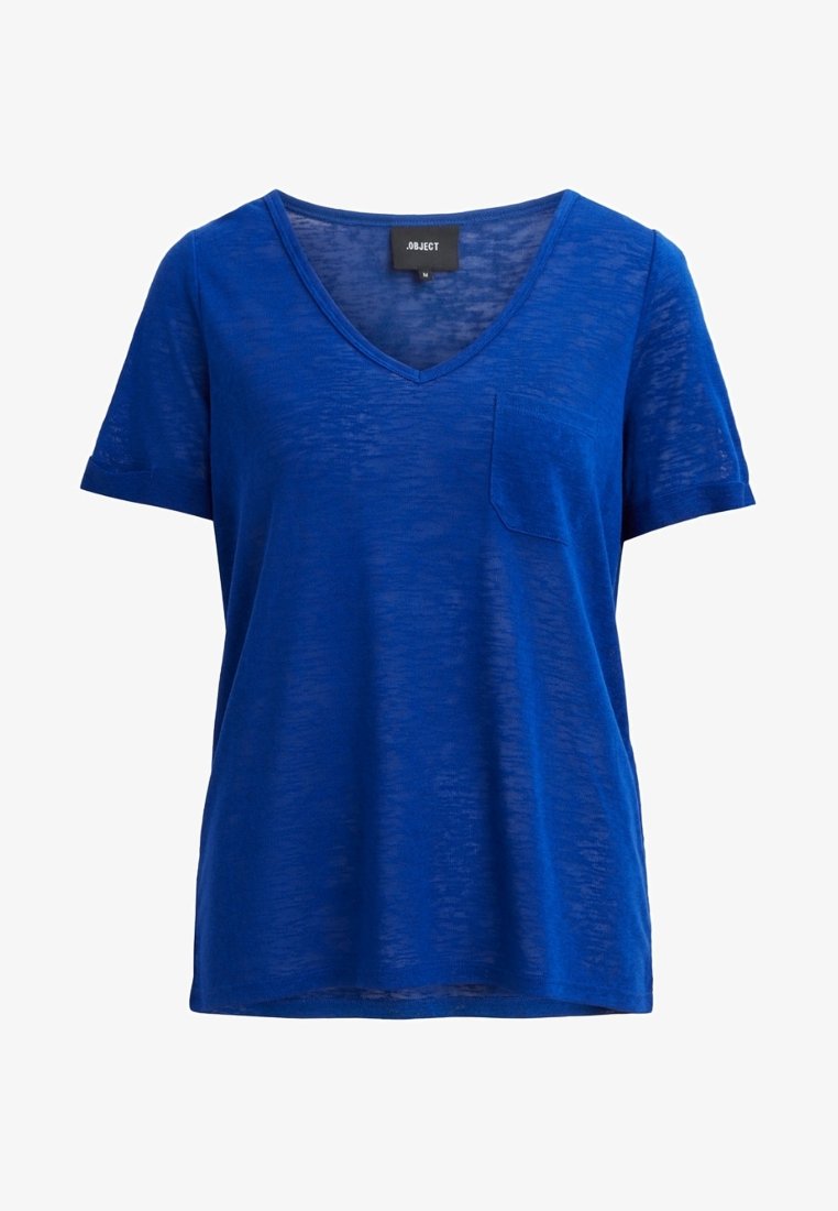 T-shirt manches courtes bleu roi avec col en V et petite poche poitrine, présenté sur fond blanc.