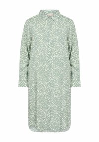 Camicia a maniche lunghe e con bottoni in un tessuto verde chiaro con un motivo astratto di forme color crema e verde scuro. Orlo e colletto arrotondati.