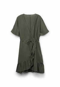 Robe enveloppante à manches courtes de couleur vert olive, avec un décolleté en V profond, une taille cintrée par un lien et un ourlet à volants. Fabriquée en tissu lisse et léger.