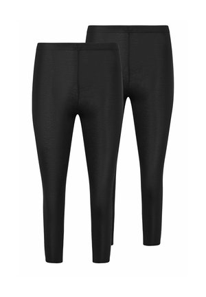 Twee paar zwarte, naadloze, aansluitende leggings met elastische taillebanden, voor- en achterkant weergegeven op een witte achtergrond.