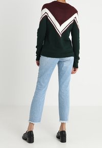 Persona che indossa un maglione a maniche lunghe con un motivo a zigzag in bordeaux, bianco e verde scuro, jeans cropped azzurri e scarpe con tacco nere.
