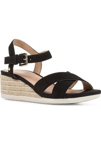 Sandali con zeppa in suede nero, con fasce incrociate, fibbia alla caviglia e una piattaforma avvolta in juta tessurizzata. Presentano una suola nera liscia.