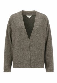 Grå cardigan med V-ringning, strukturerad stickad mönster, långa ärmar och två framfickor. Öppen design fram utan knäppningar.
