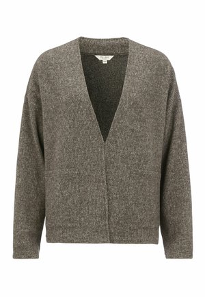 Harmaa neulejakku V-pääntiellä, tekstuuri neulekuviointi, pitkät hihat ja kaksi etutaskua. Auki oleva etuosa ilman kiinnityksiä.