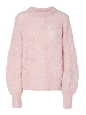 Ljusrosa stickad tröja med flätmönster, rund halsringning och ribbade ärmslut. Mjuk textur med voluminösa ärmar.
