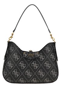 Borsa a tracolla in ecopelle nera con motivo a rombi e loghi grigi, dalla forma curva, con accessori dorati e una sola tracolla.