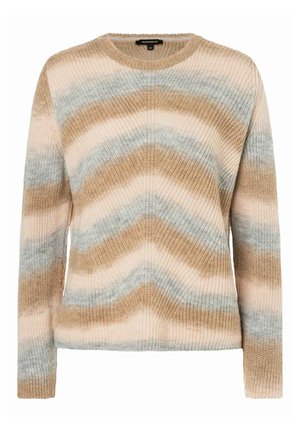 Maglione a girocollo lavorato a maglia con maniche lunghe, caratterizzato da strisce a zigzag orizzontali nei colori beige, azzurro chiaro e crema.
