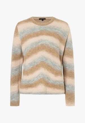 Pull ras du cou en maille avec manches longues, présentant des rayures en chevron horizontales dans des couleurs beige, bleu clair et crème.