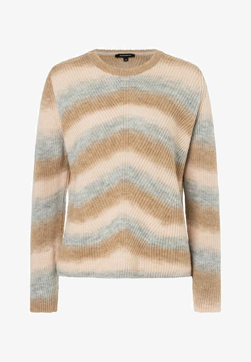 Pull ras du cou en maille avec manches longues, présentant des rayures en chevron horizontales dans des couleurs beige, bleu clair et crème.