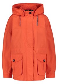 Giacca arancione brillante con cappuccio, chiusura frontale a bottoni e zip, due grandi tasche con pattina e bottoni e cordini regolabili sul cappuccio.