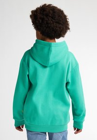 Felpa con cappucci verde realizzata in tessuto morbido. Presenta una vestibilità rilassata, polsini a coste e una tasca a marsupio. La vista posteriore mostra una copertura ampia.