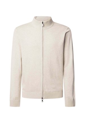 Hellgrau zipfeljacke mit hohem Kragen, gerippten Bündchen und Saum. Weiche Textur und einfaches Design, mit einem zentralen Reißverschluss vorne.