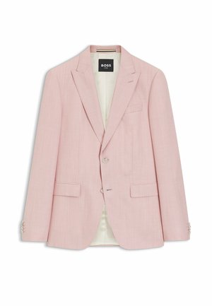 Blazer de hombre entallado de color rosa claro con solapas con muesca, dos botones delanteros, bolsillos con solapa y etiqueta "BOSS ONE" en el interior del cuello.