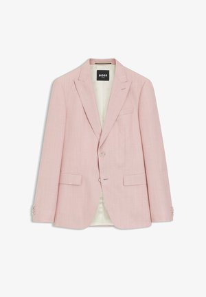 Lyserød skræddersyet herreblazer med notch-revers, to forreste knapper, klaplommer og "BOSS ONE" mærke indeni kraven.