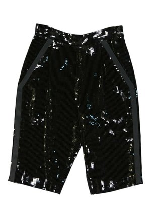 Short noir à sequins avec bandes latérales et boutons à la taille, avec une surface brillante et texturée et des poches avant.