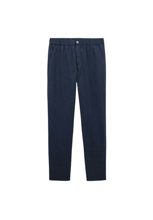 Pantalons à rayures bleu marine avec taille élastique, poches devant et coupe décontractée. Le tissu a une texture lisse et un léger éclat.