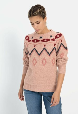 Hellrosa Pullover aus weichem Strickstoff, mit einem geometrischen Muster in Rot und Marineblau, ausgestattet mit gerippten Bündchen und Saum.