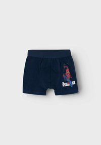 Marine bomull boksere med et Spiderman-motiv og teksten "THE SPIDERMAN" på framsiden, med elastisk livlinning.